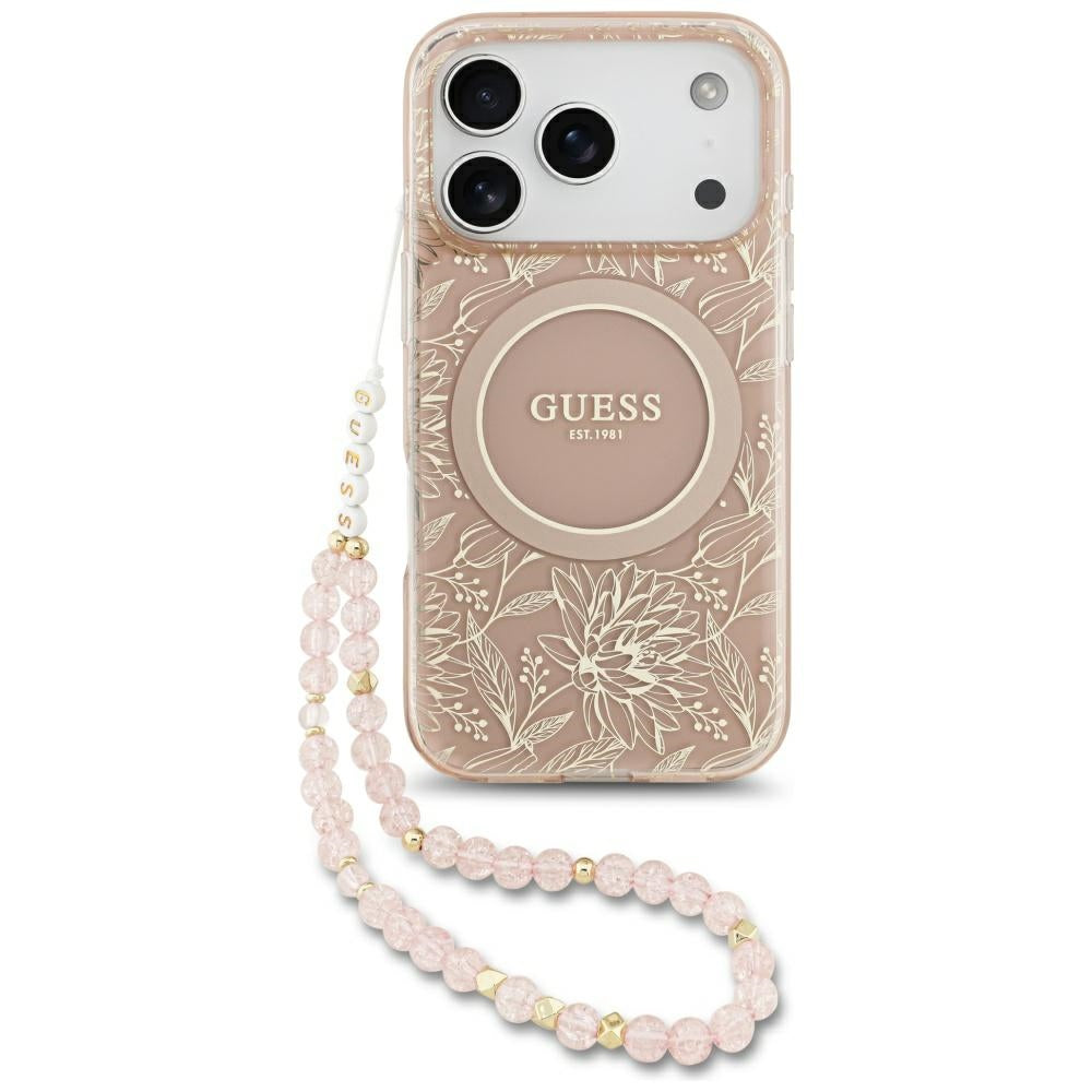 MagSafe cover til Apple iPhone 17 Pro, Guess, IML Flowers Allover Electroplated with Pearl Strap, Pink