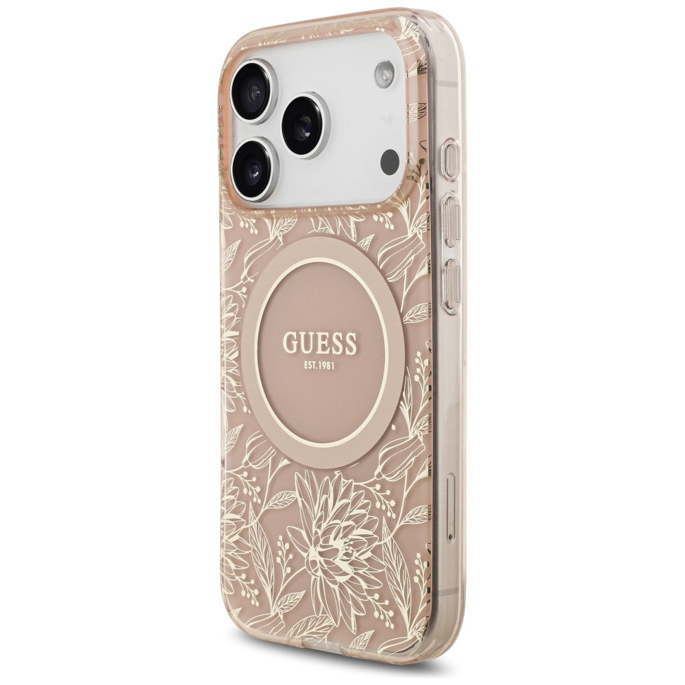 MagSafe cover til Apple iPhone 17 Pro, Guess, IML Flowers Allover Electroplated with Pearl Strap, Pink