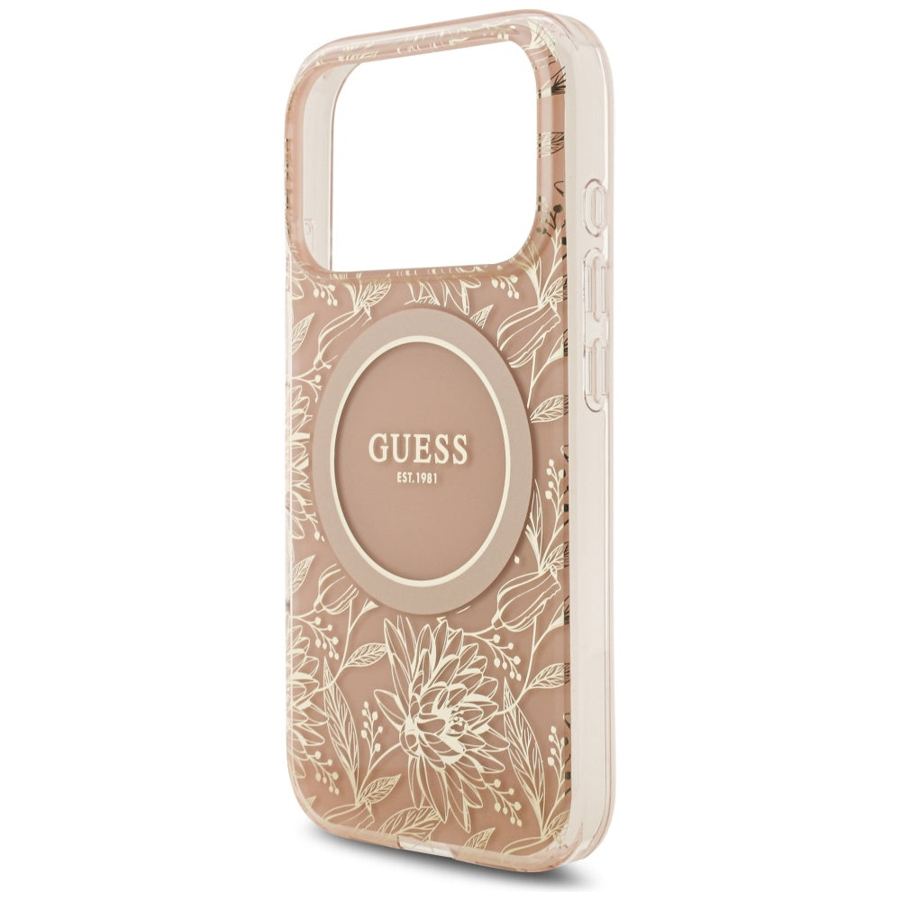 MagSafe cover til Apple iPhone 17 Pro, Guess, IML Flowers Allover Electroplated with Pearl Strap, Pink