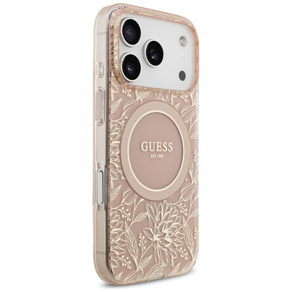 MagSafe cover til Apple iPhone 17 Pro, Guess, IML Flowers Allover Electroplated with Pearl Strap, Pink