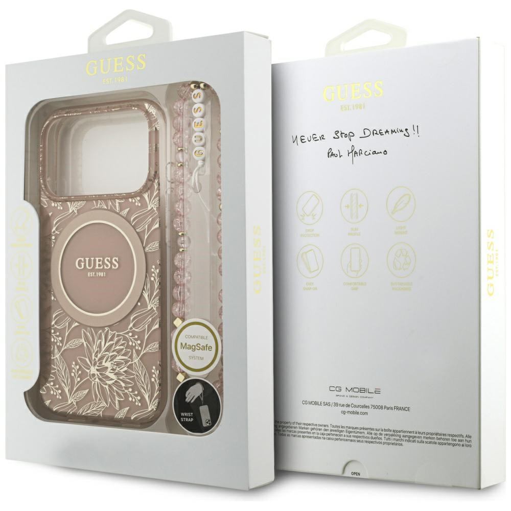 MagSafe cover til Apple iPhone 17 Pro, Guess, IML Flowers Allover Electroplated with Pearl Strap, Pink