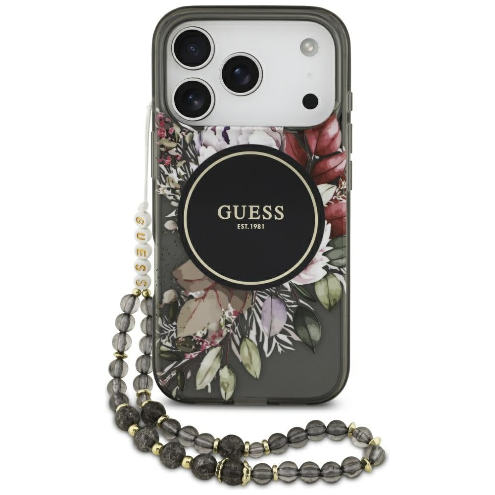 MagSafe cover til Apple iPhone 17 Pro, Guess, IML Flowers with Pearl Strap, Sort
