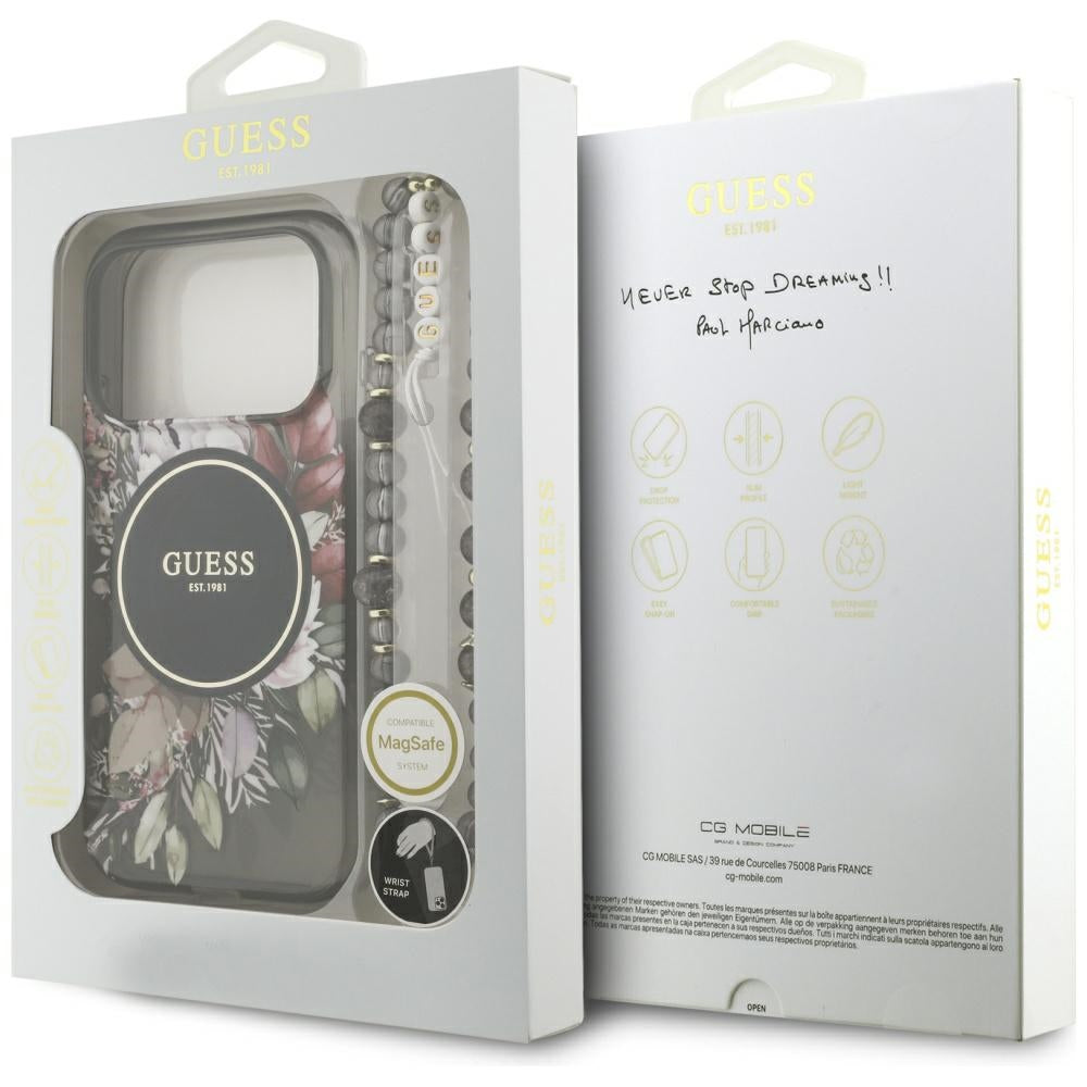 MagSafe cover til Apple iPhone 17 Pro, Guess, IML Flowers with Pearl Strap, Sort