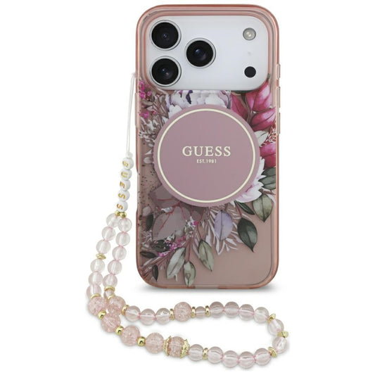 MagSafe cover til Apple iPhone 17 Pro, Guess, IML Flowers with Pearl Strap, Pink