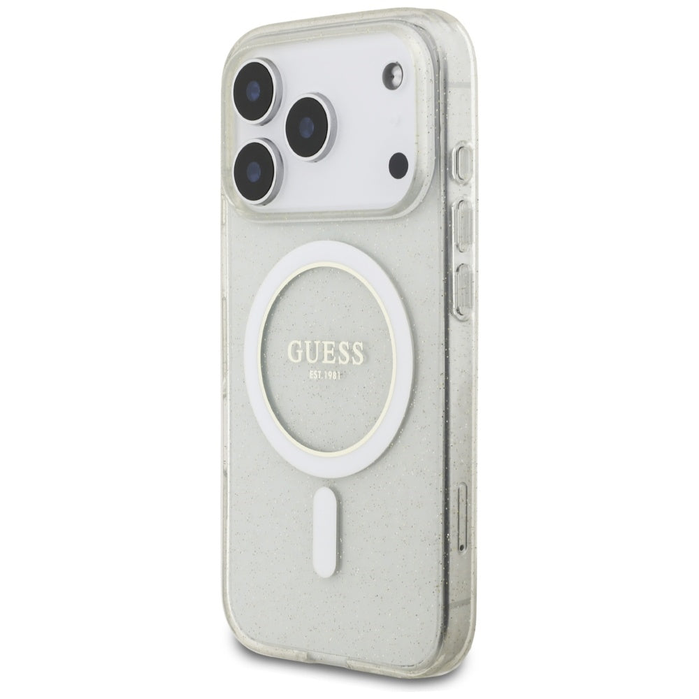 MagSafe cover til Apple iPhone 17 Pro, Guess, IML Glitter med perlerem, Transparent