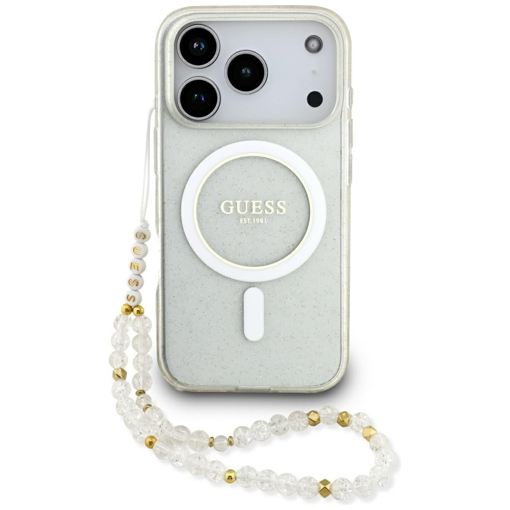MagSafe cover til Apple iPhone 17 Pro, Guess, IML Glitter med perlerem, Transparent