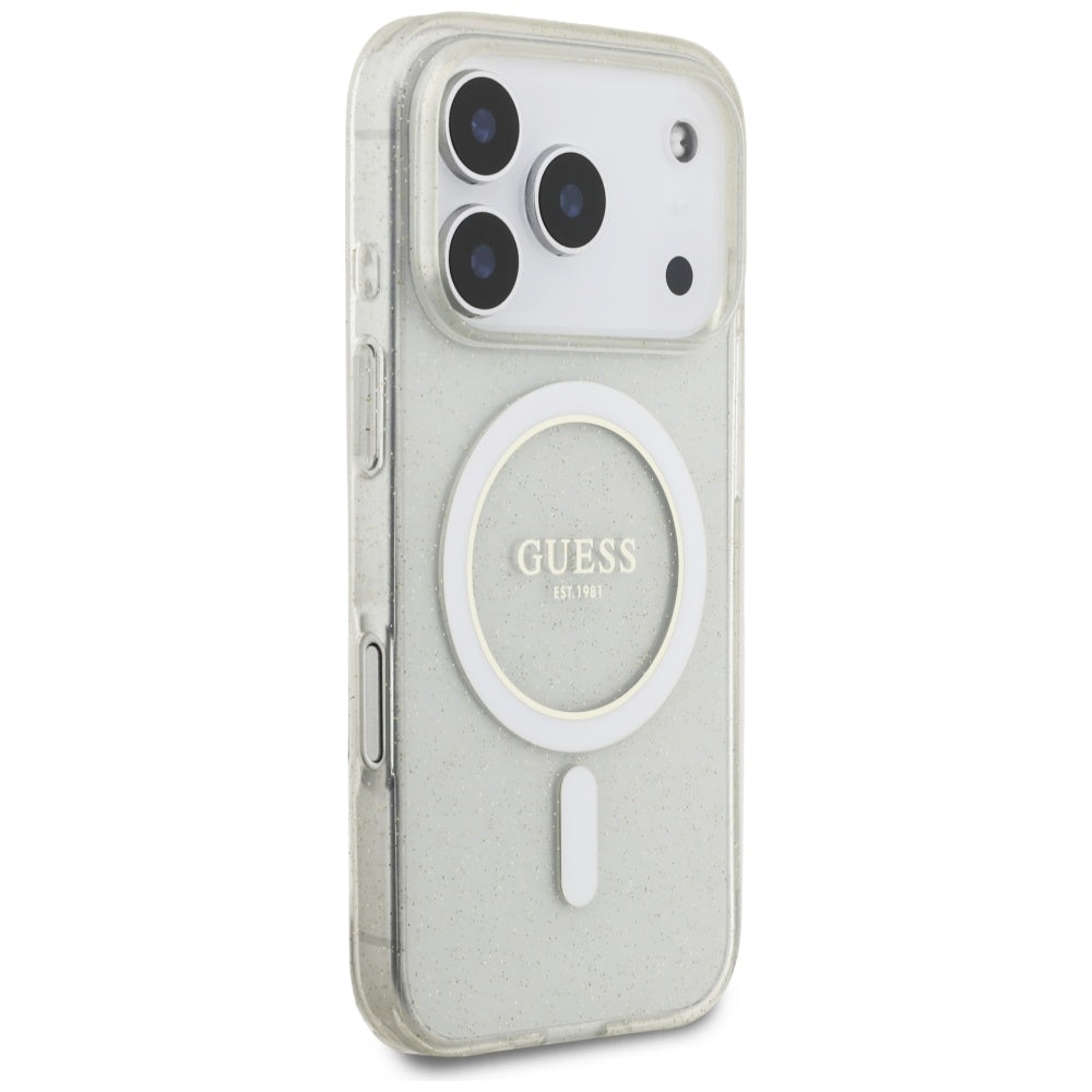 MagSafe cover til Apple iPhone 17 Pro, Guess, IML Glitter med perlerem, Transparent