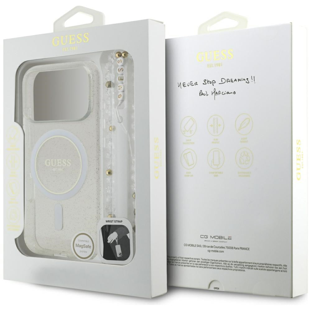 MagSafe cover til Apple iPhone 17 Pro, Guess, IML Glitter med perlerem, Transparent