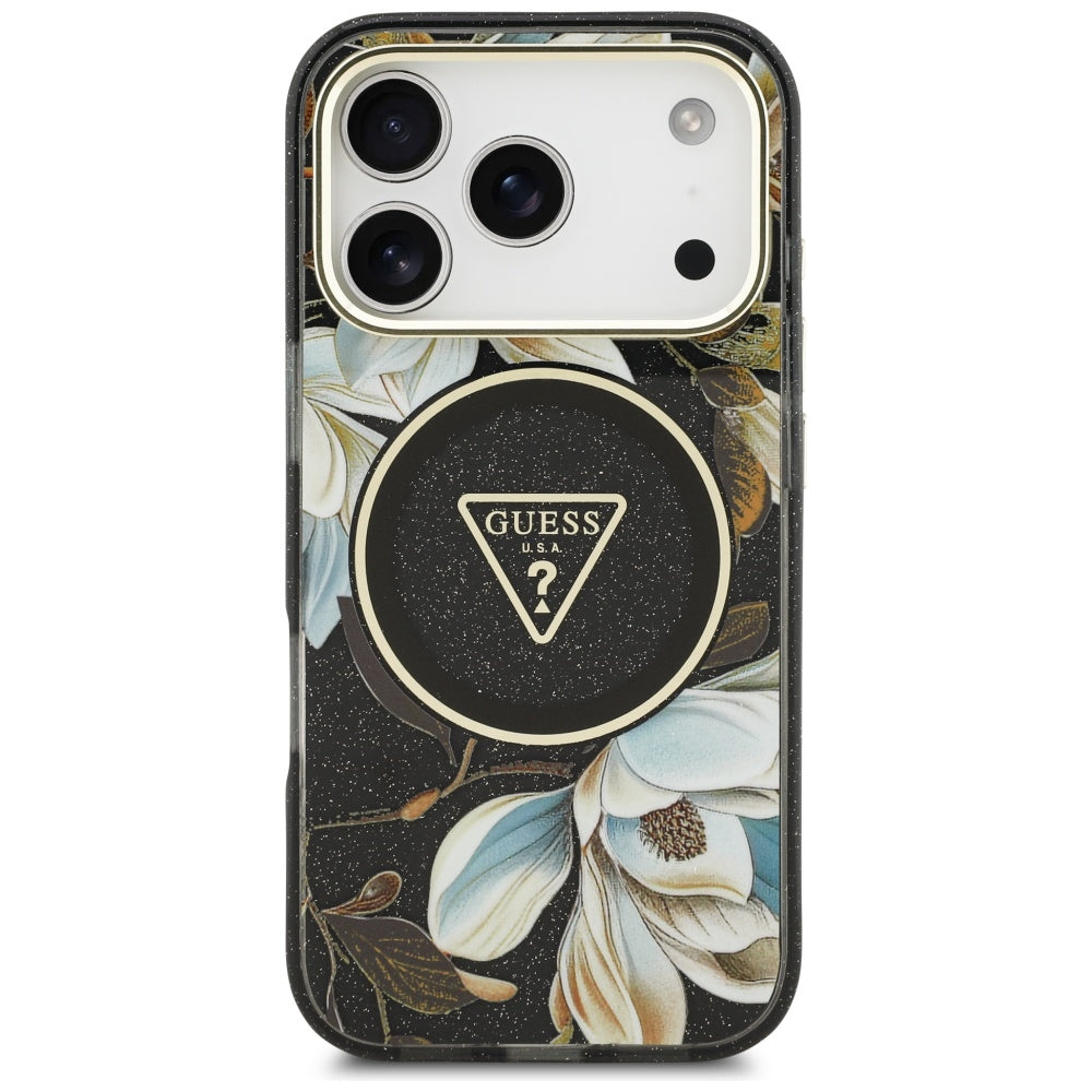 MagSafe cover til Apple iPhone 17 Pro, Guess, IML Metal Glitter Flowers Triangle, Sort