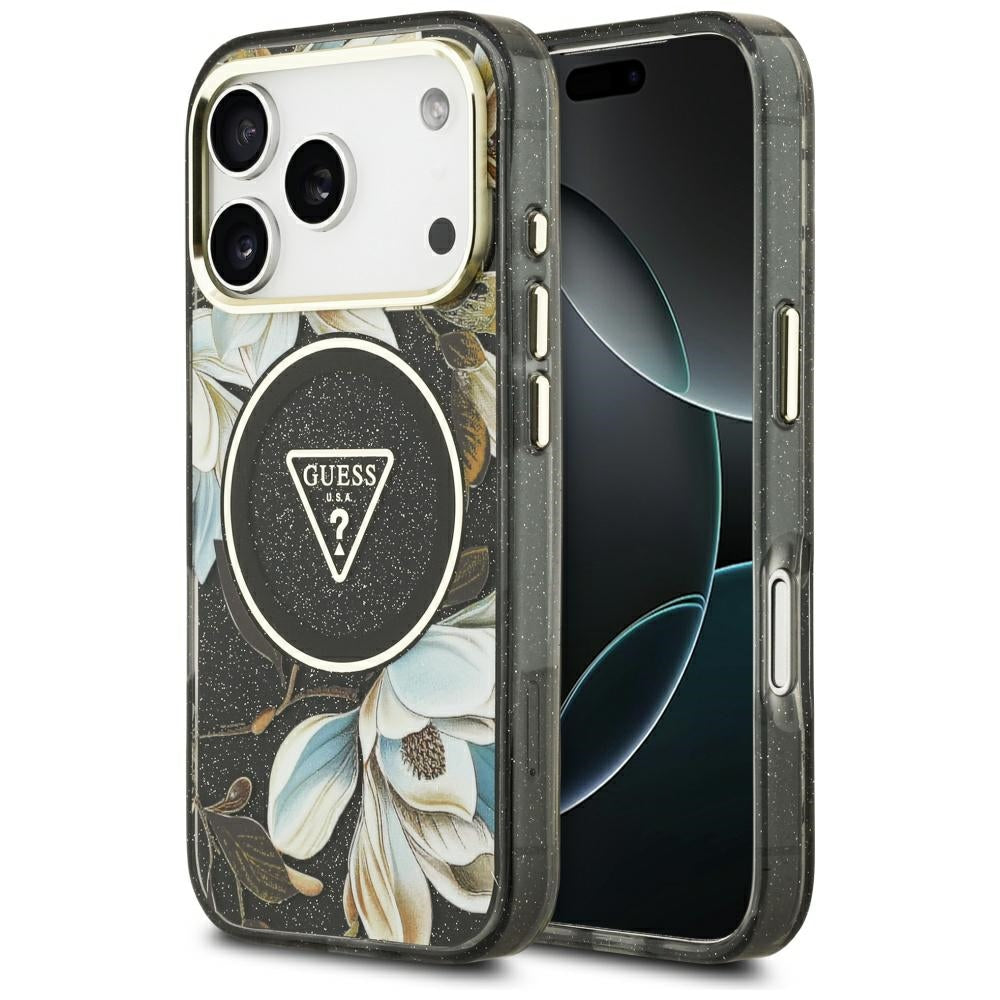 MagSafe cover til Apple iPhone 17 Pro, Guess, IML Metal Glitter Flowers Triangle, Sort