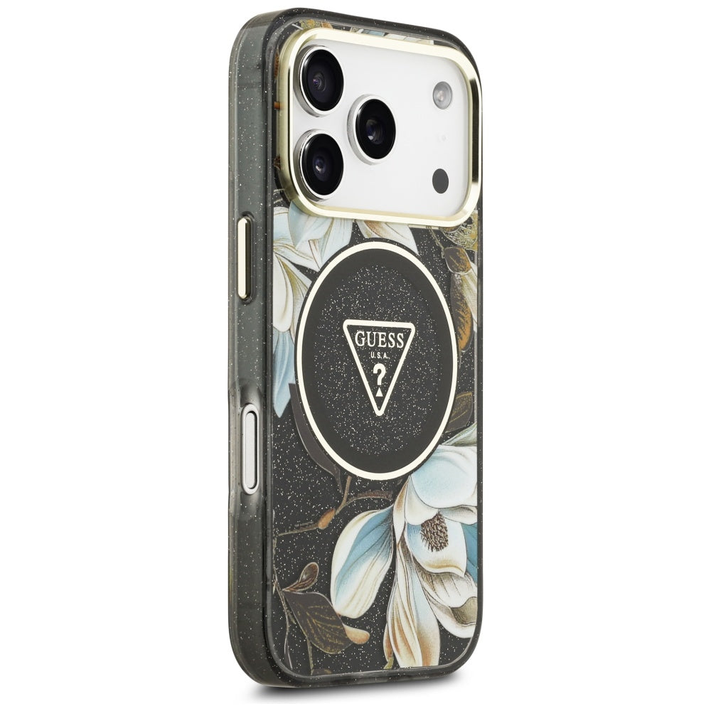 MagSafe cover til Apple iPhone 17 Pro, Guess, IML Metal Glitter Flowers Triangle, Sort