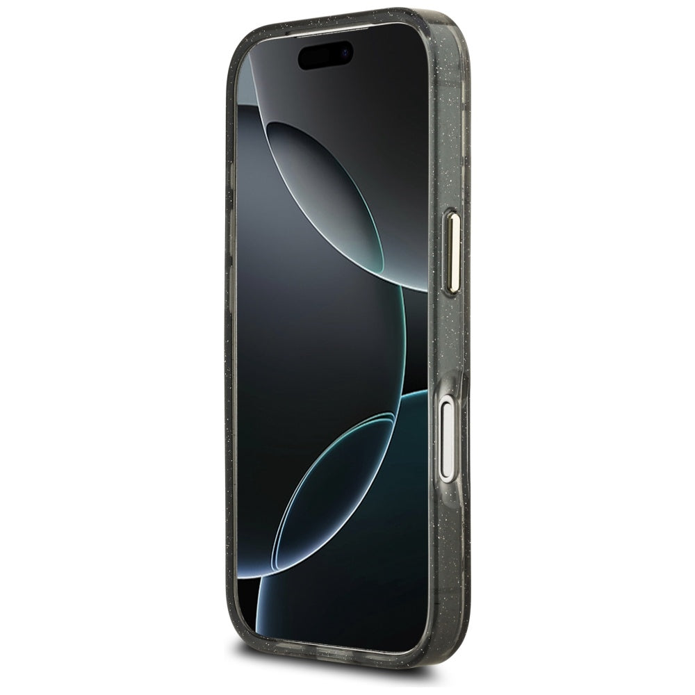 MagSafe cover til Apple iPhone 17 Pro, Guess, IML Metal Glitter Flowers Triangle, Sort