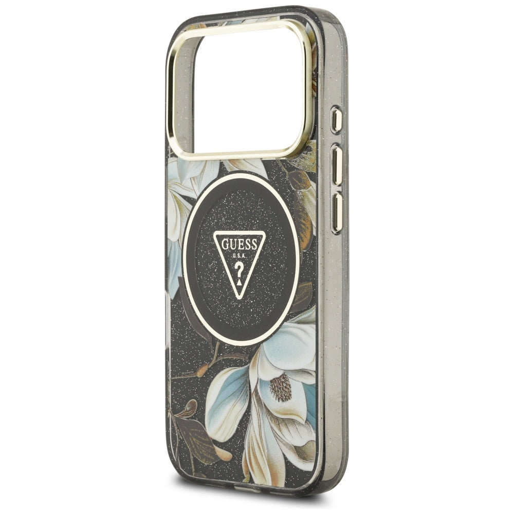 MagSafe cover til Apple iPhone 17 Pro, Guess, IML Metal Glitter Flowers Triangle, Sort