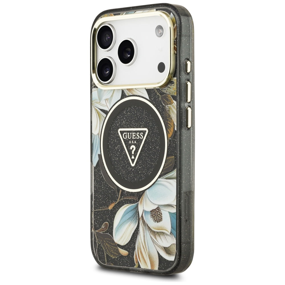MagSafe cover til Apple iPhone 17 Pro, Guess, IML Metal Glitter Flowers Triangle, Sort
