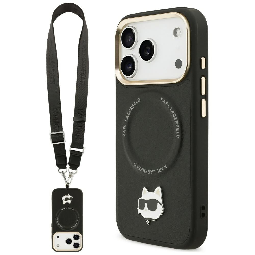MagSafe Case for Apple iPhone 17 Pro, Karl Lagerfeld, Big Strap Choupette Metal Logo, Black