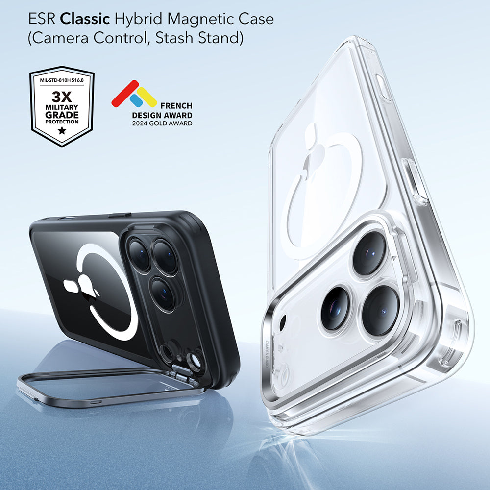 MagSafe cover til Apple iPhone 17 Pro Max, ESR, Classic Hybrid Kickstand, Sort Transparent