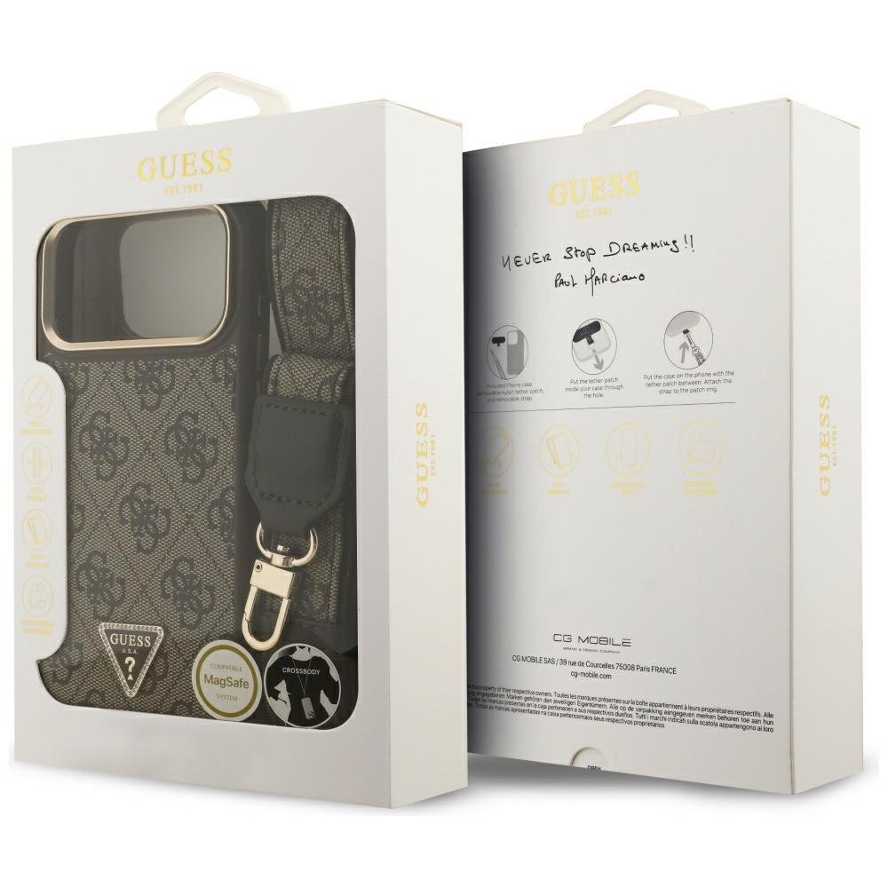 MagSafe cover til Apple iPhone 17 Pro Max, Guess, 4G Triangle Logo med stor rem, Brun