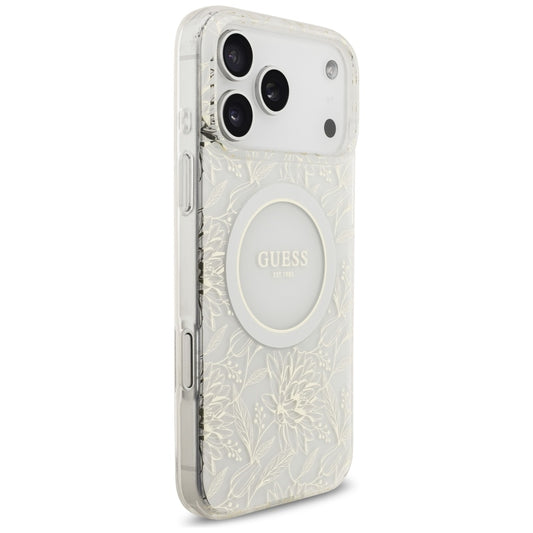 MagSafe cover til Apple iPhone 17 Pro Max, Guess, IML Flowers Allover Electroplated with Pearl Strap, Hvid