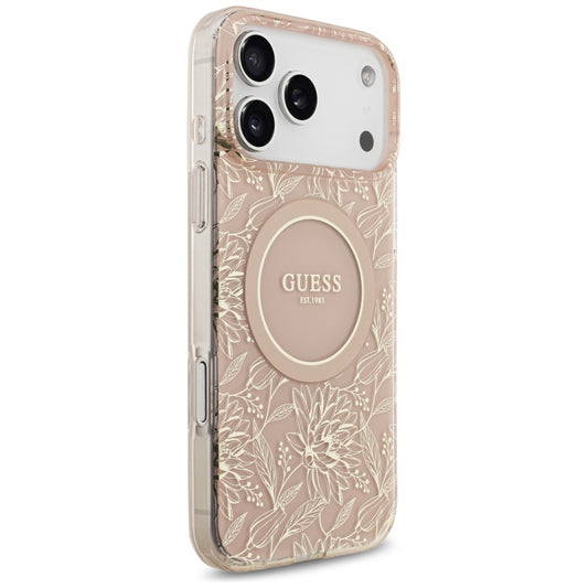 MagSafe cover til Apple iPhone 17 Pro Max, Guess, IML Flowers Allover Electroplated with Pearl Strap, Pink