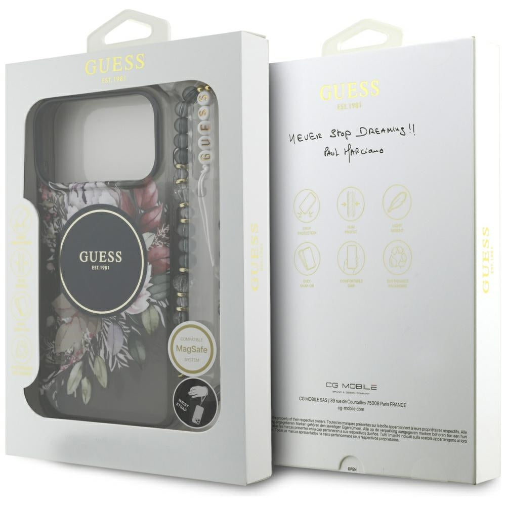 MagSafe cover til Apple iPhone 17 Pro Max, Guess, IML Flowers with Pearl Strap, Sort