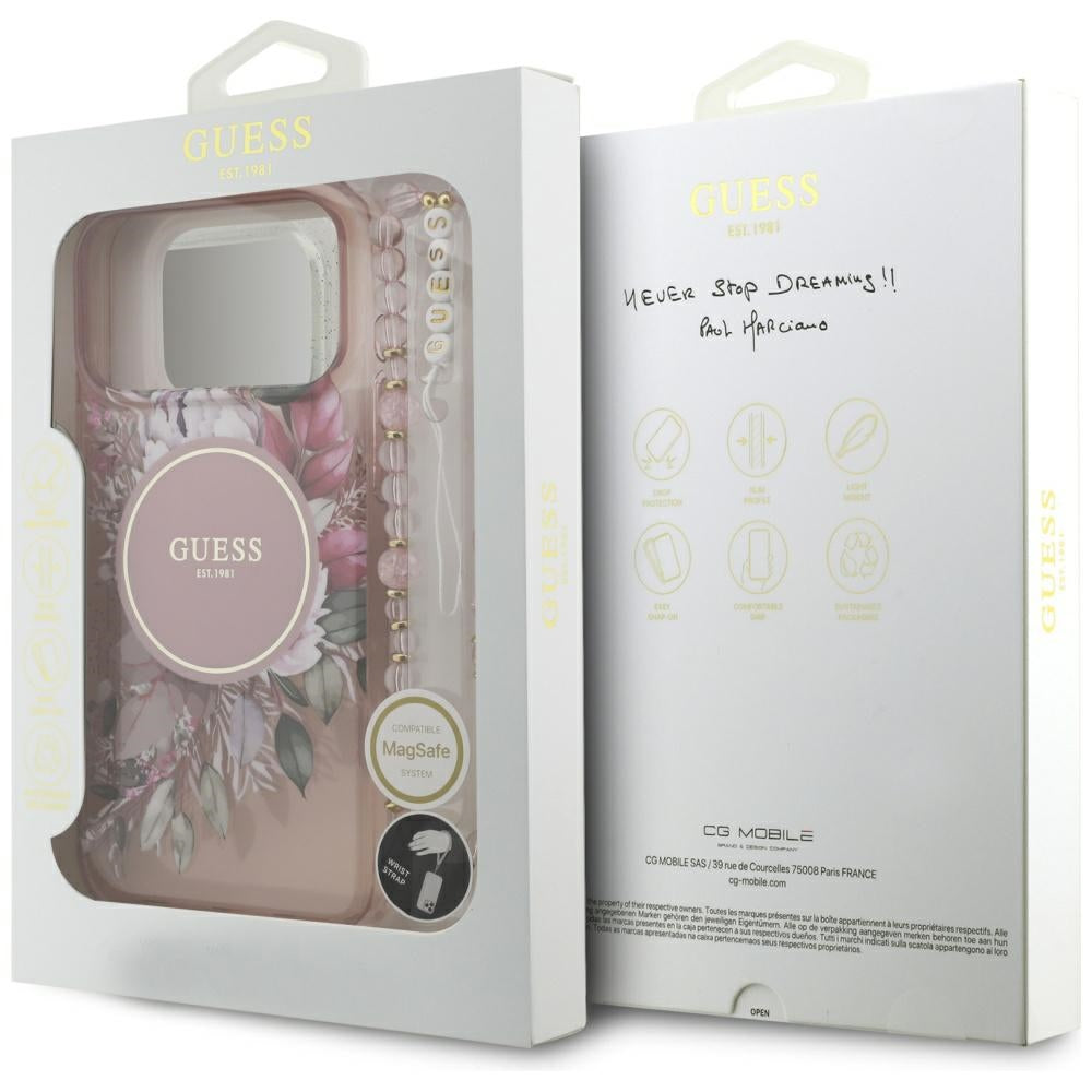 MagSafe cover til Apple iPhone 17 Pro Max, Guess, IML Flowers with Pearl Strap, Pink