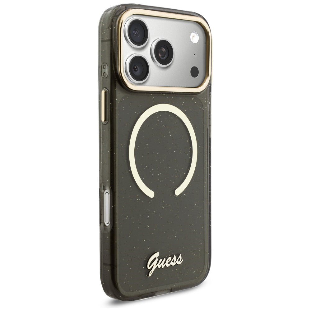 MagSafe Case for Apple iPhone 17 Pro Max, Guess, IML Glitter Script Strap, Black