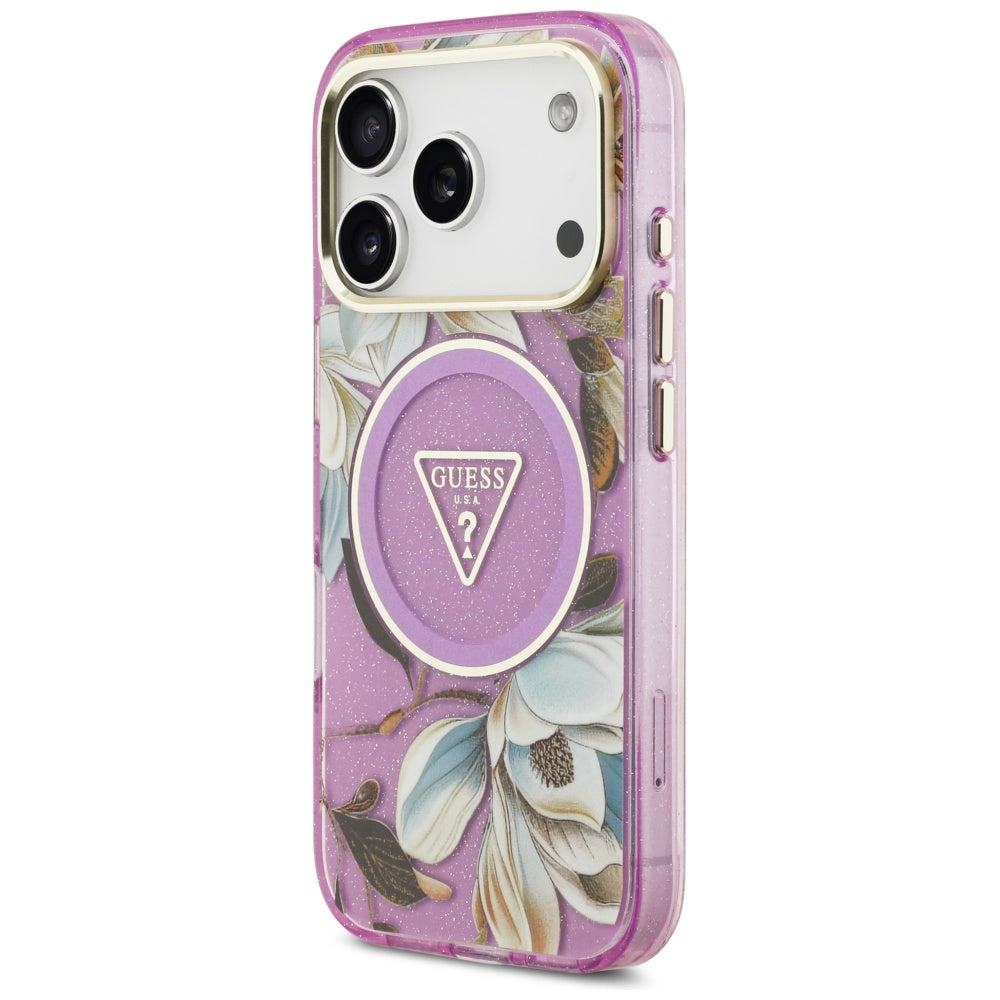 MagSafe cover til Apple iPhone 17 Pro Max, Guess, IML Metal Glitter Flowers Triangle, Lilla