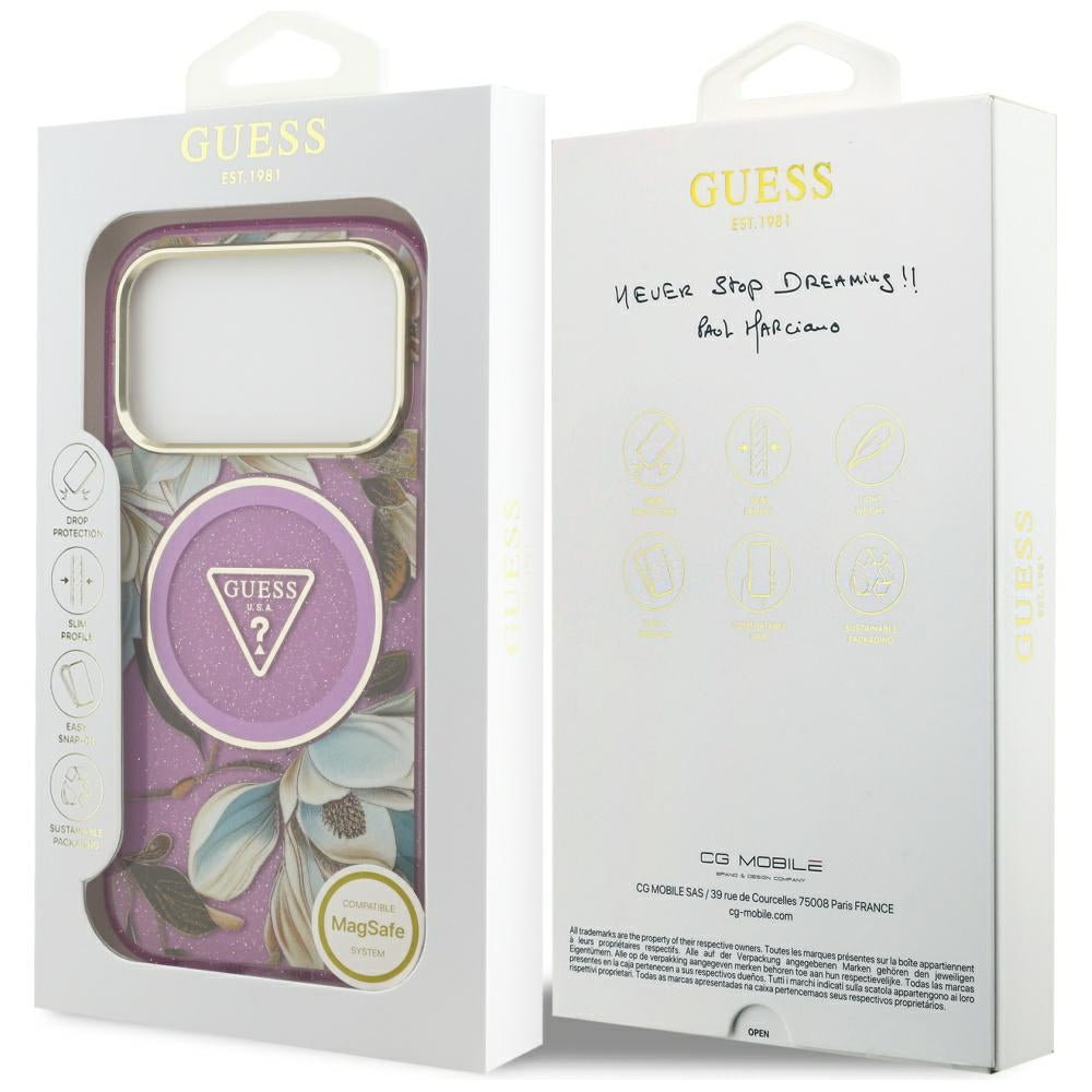 MagSafe cover til Apple iPhone 17 Pro Max, Guess, IML Metal Glitter Flowers Triangle, Lilla
