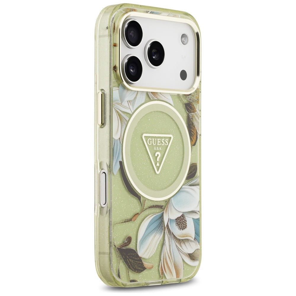MagSafe cover til Apple iPhone 17 Pro Max, Guess, IML Metal Glitter Flowers Triangle, Grøn