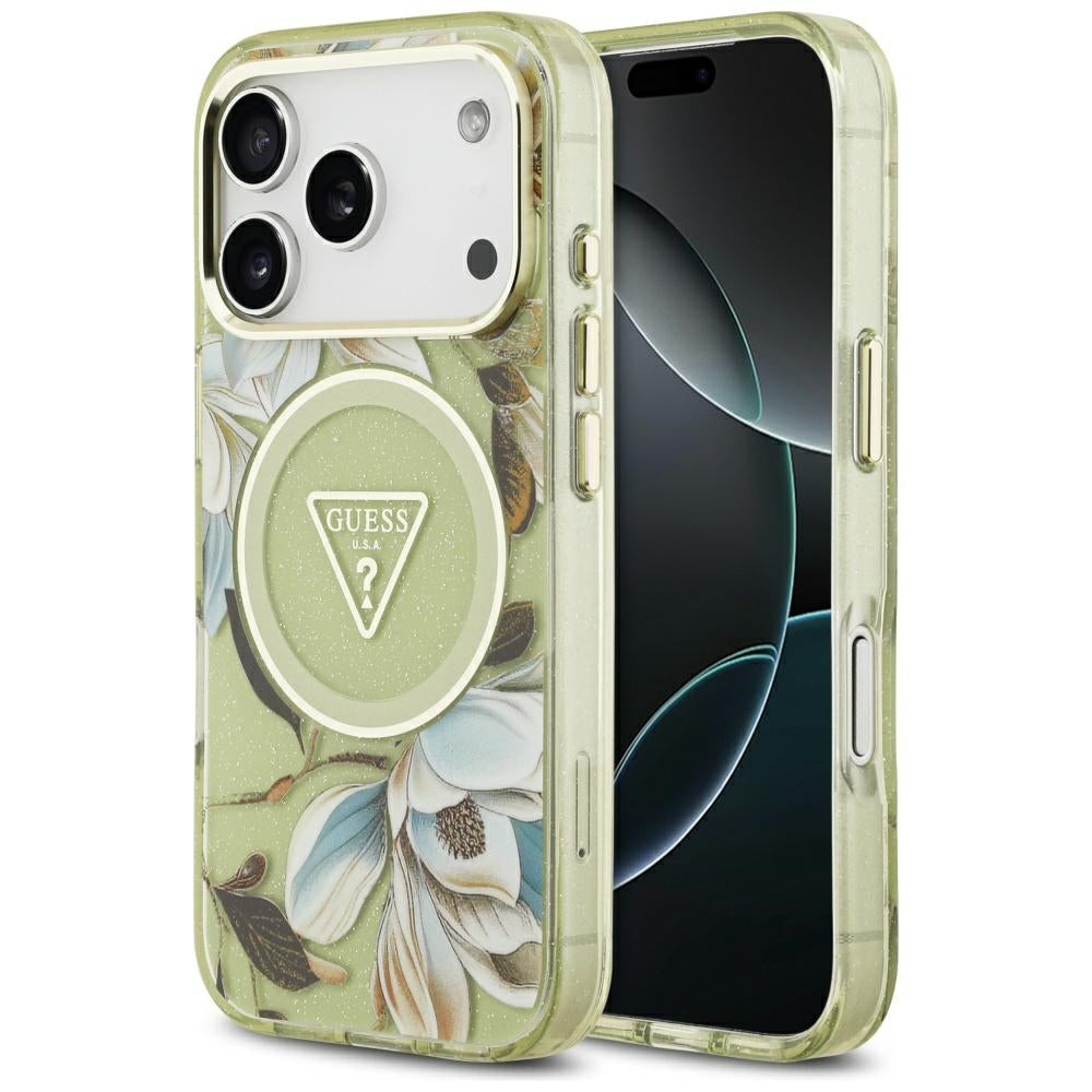 MagSafe cover til Apple iPhone 17 Pro Max, Guess, IML Metal Glitter Flowers Triangle, Grøn