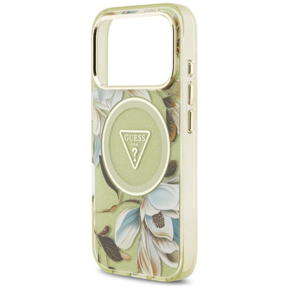 MagSafe cover til Apple iPhone 17 Pro Max, Guess, IML Metal Glitter Flowers Triangle, Grøn
