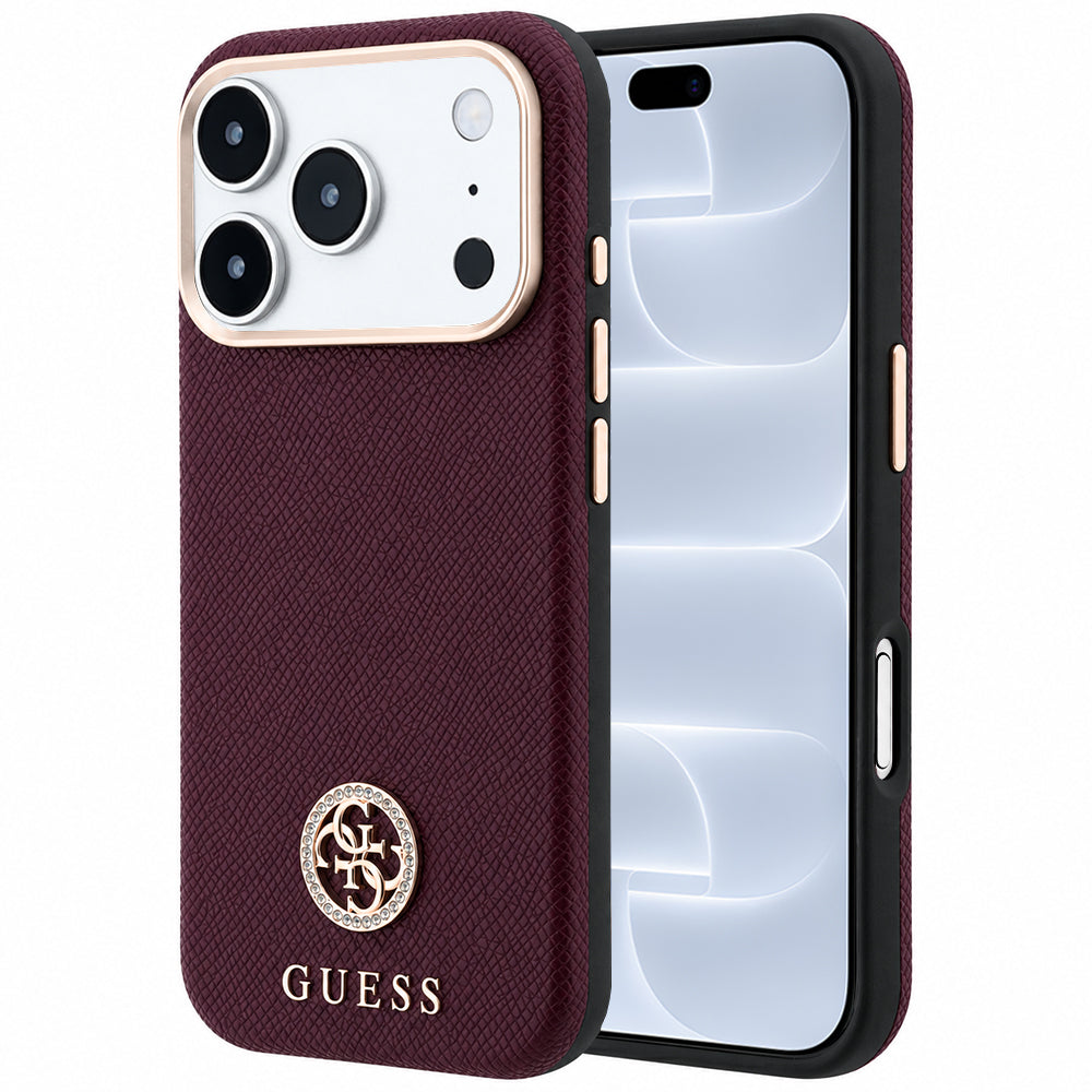 MagSafe-etui til Apple iPhone 18 Pro / 17 Pro, Guess, kornet rundt strass-logo, vinrød