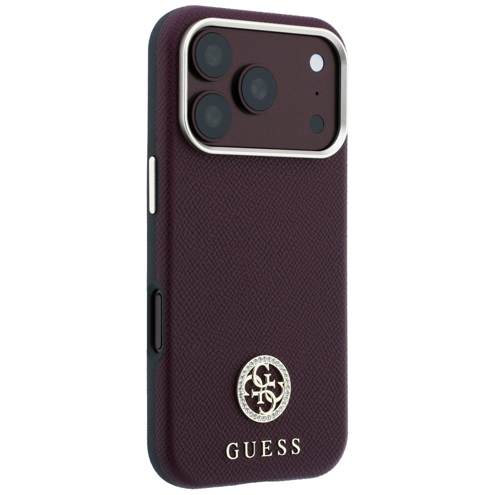 MagSafe-etui til Apple iPhone 18 Pro / 17 Pro, Guess, kornet rundt strass-logo, vinrød