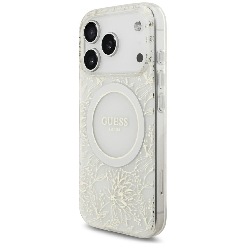 MagSafe-etui til Apple iPhone 18 Pro / 17 Pro, Guess, IML Flowers elektropletteret med perlerem, hvid