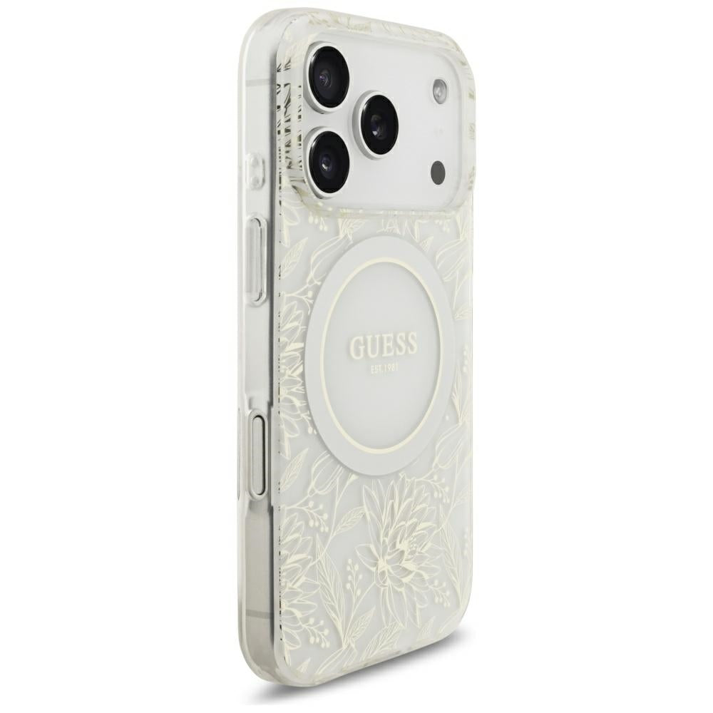 MagSafe-etui til Apple iPhone 18 Pro / 17 Pro, Guess, IML Flowers elektropletteret med perlerem, hvid