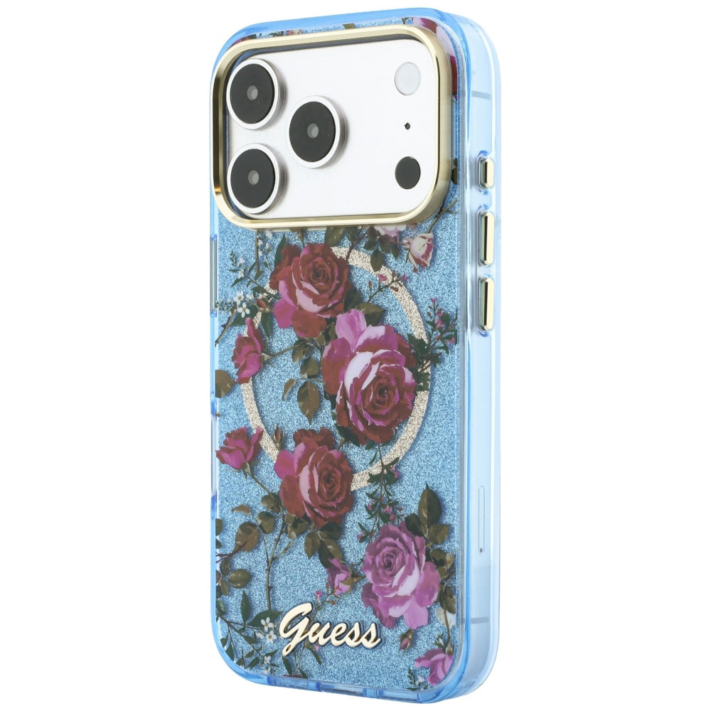 MagSafe-etui til Apple iPhone 18 Pro / 17 Pro, Guess, IML Glitter Blossom Roses, Bleu