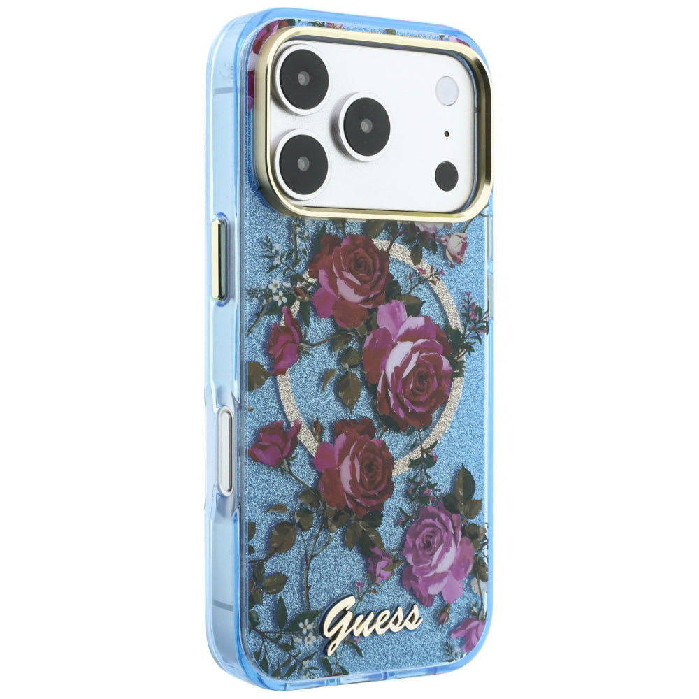 MagSafe-etui til Apple iPhone 18 Pro / 17 Pro, Guess, IML Glitter Blossom Roses, Bleu