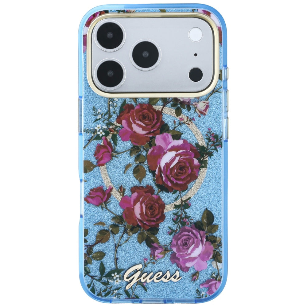 MagSafe-etui til Apple iPhone 18 Pro / 17 Pro, Guess, IML Glitter Blossom Roses, Bleu