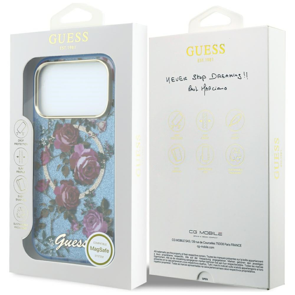 MagSafe-etui til Apple iPhone 18 Pro / 17 Pro, Guess, IML Glitter Blossom Roses, Bleu