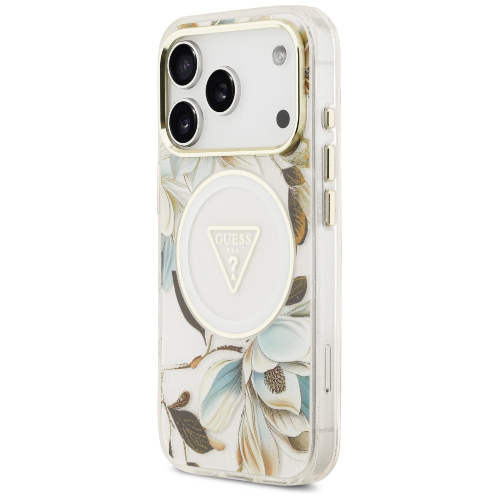 MagSafe-etui til Apple iPhone 18 Pro / 17 Pro, Guess, IML Metal Glitter Flowers Triangle, Hvid