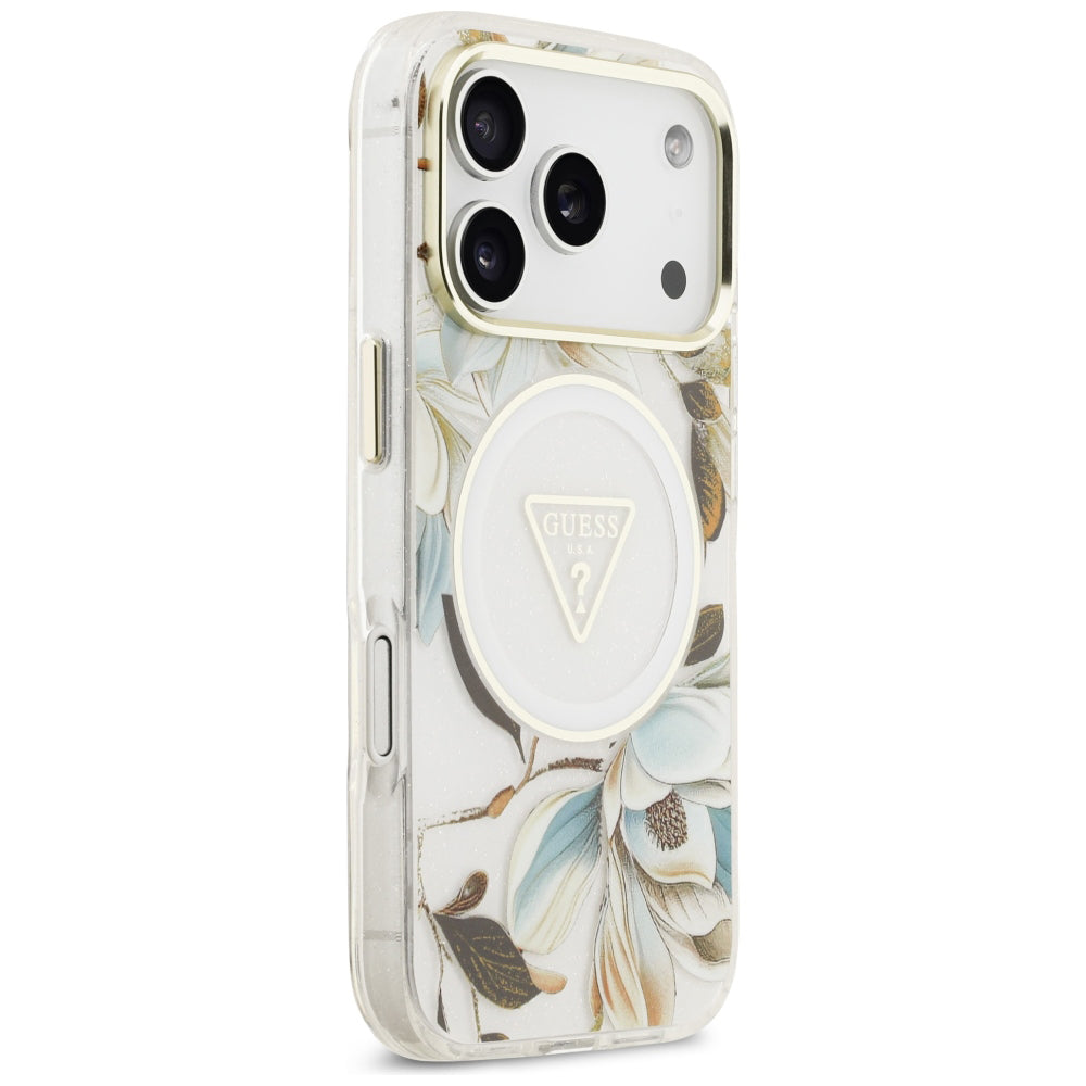 MagSafe-etui til Apple iPhone 18 Pro / 17 Pro, Guess, IML Metal Glitter Flowers Triangle, Hvid