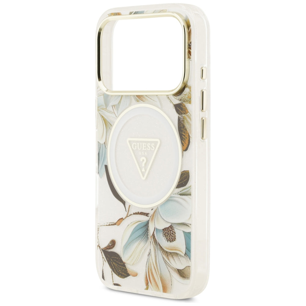 MagSafe-etui til Apple iPhone 18 Pro / 17 Pro, Guess, IML Metal Glitter Flowers Triangle, Hvid