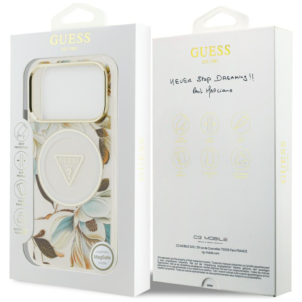 MagSafe-etui til Apple iPhone 18 Pro / 17 Pro, Guess, IML Metal Glitter Flowers Triangle, Hvid