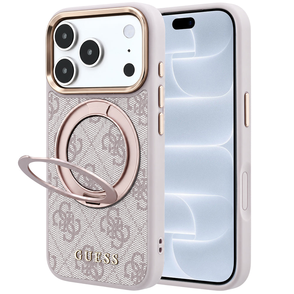 MagSafe-etui til Apple iPhone 18 Pro / 17 Pro, Guess, Ring Stand 360 4G Classic Logo, Pink