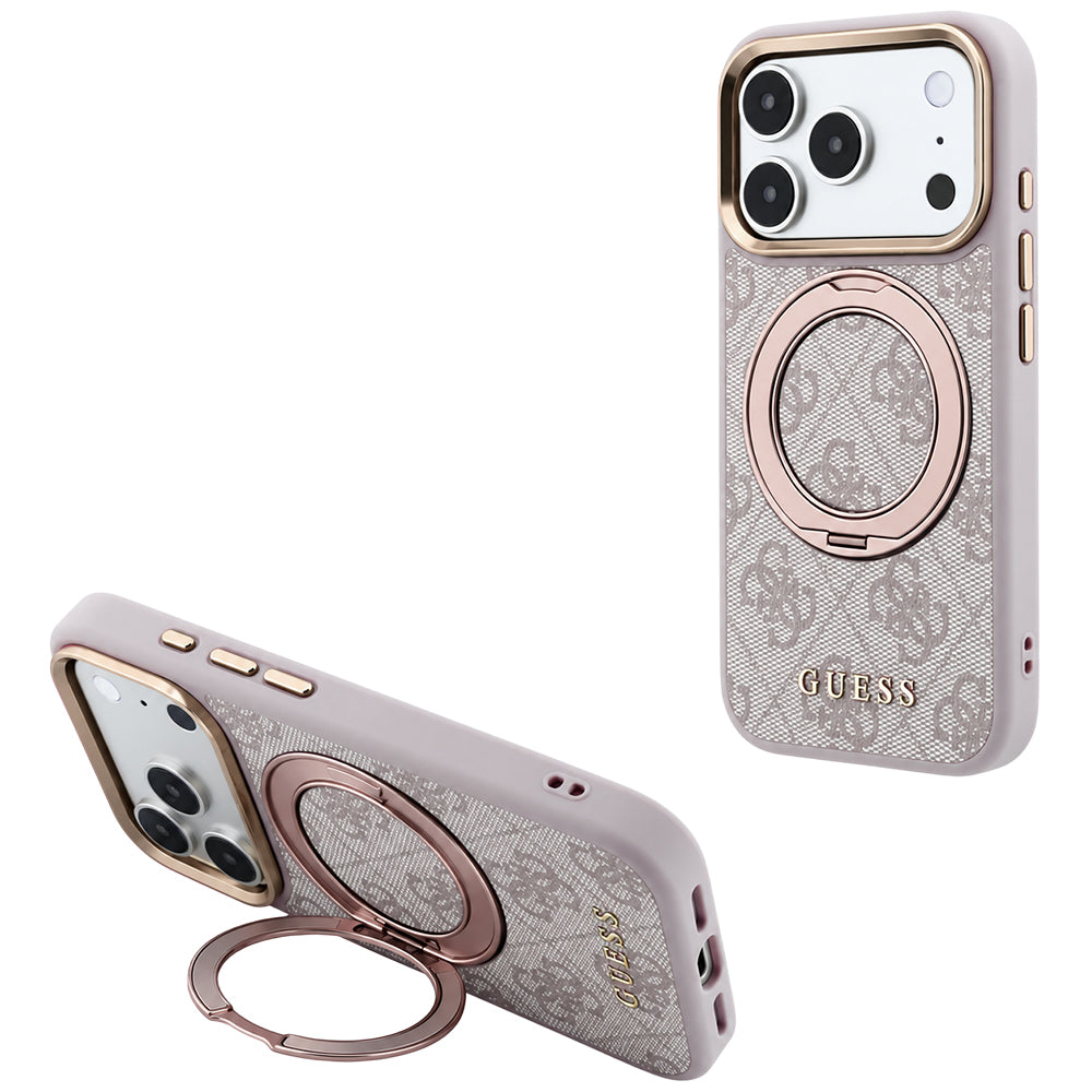 MagSafe-etui til Apple iPhone 18 Pro / 17 Pro, Guess, Ring Stand 360 4G Classic Logo, Pink