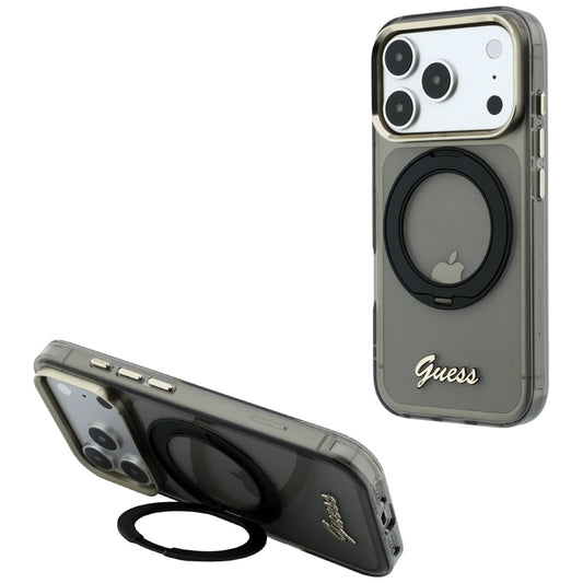 MagSafe-etui til Apple iPhone 18 Pro / 17 Pro, Guess, Ring Stand Script Metal Logo, Sort