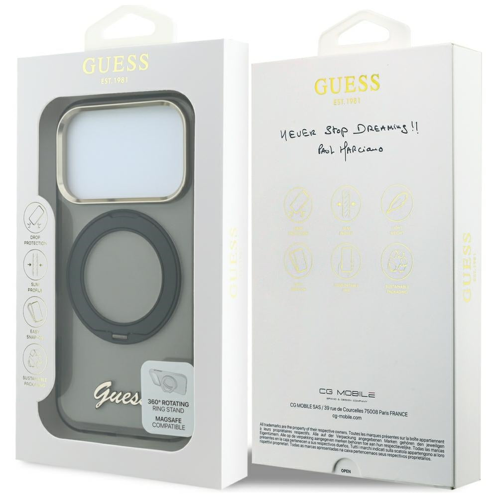 MagSafe-etui til Apple iPhone 18 Pro / 17 Pro, Guess, Ring Stand Script Metal Logo, Sort
