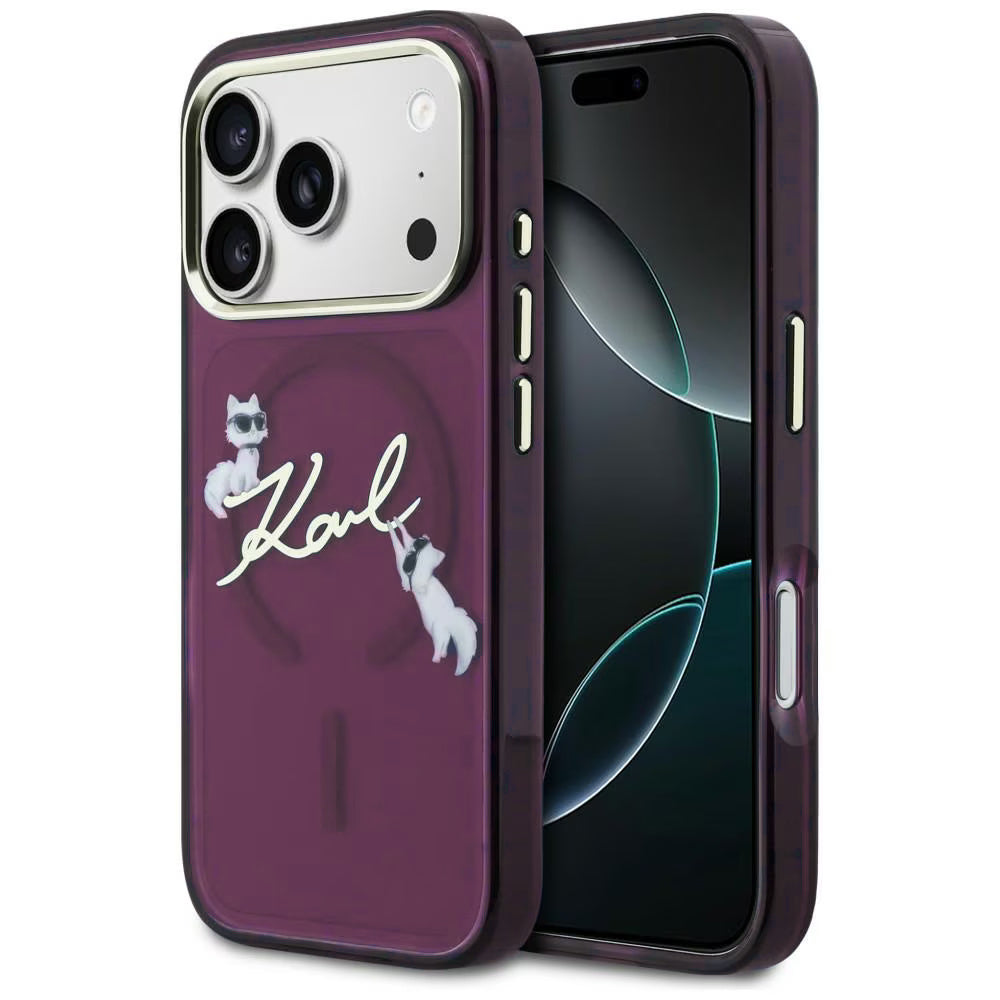 MagSafe-etui til Apple iPhone 18 Pro / 17 Pro, Karl Lagerfeld, IML Choupette Karl Script Logo, Vinrød