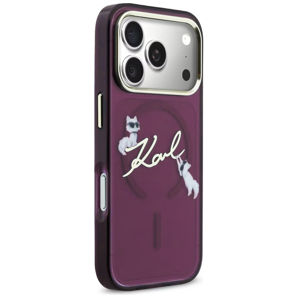 MagSafe-etui til Apple iPhone 18 Pro / 17 Pro, Karl Lagerfeld, IML Choupette Karl Script Logo, Vinrød