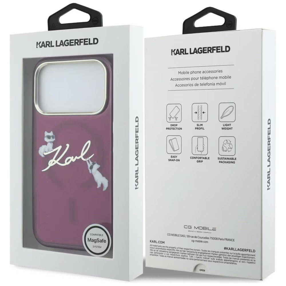 MagSafe-etui til Apple iPhone 18 Pro / 17 Pro, Karl Lagerfeld, IML Choupette Karl Script Logo, Vinrød